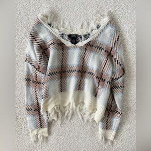 Just Polly Plaid V-Neck Frayed hippie retro chunky cropped Sweater L